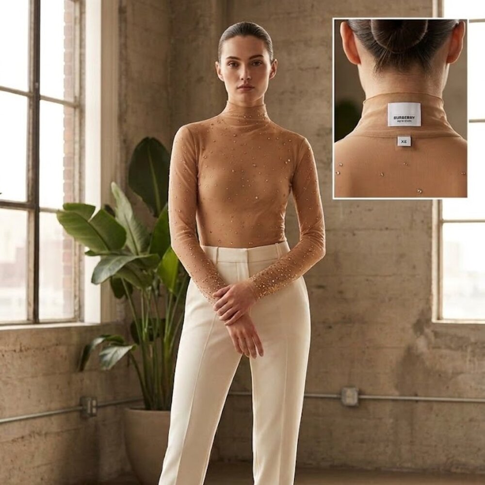 BURBERRY - Ladies Nude Sheer Crystal Embellished Tulle BodySuit - XS - BNWOT